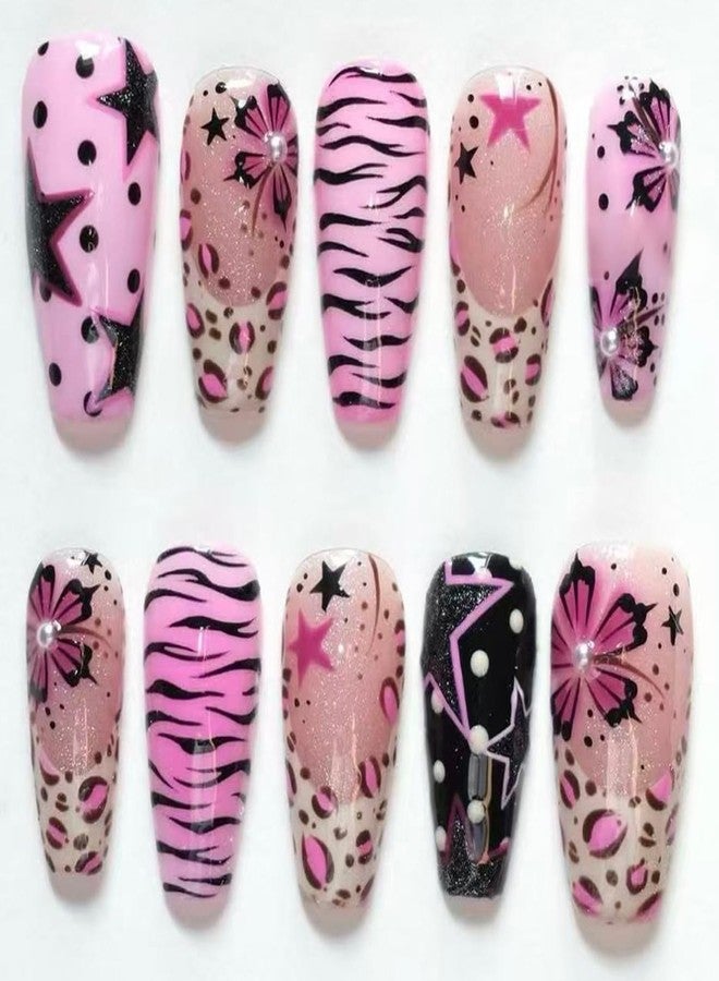 BSBTBZ 30Pcs Medium Press on Nails Square Fake Nails with 3D Pearl-decorated Y2K Style Five-Pointed Star Zebra Stripe Flower Design Glossy False Nails French Nail Tips Cute Stick on Nails for Women - Image 1